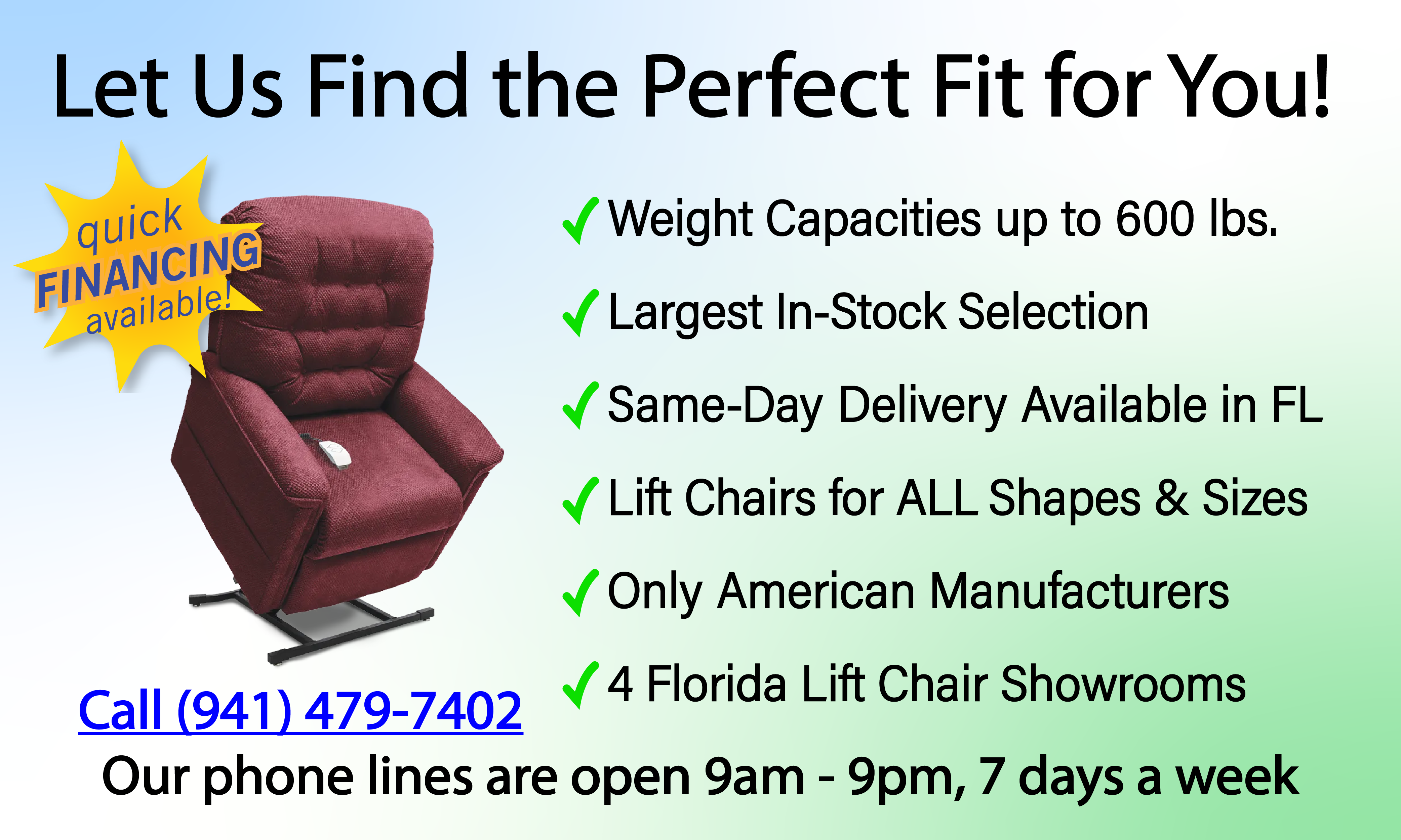 We have 1000s of lift chairs in stock and ready to deliver in Florida!